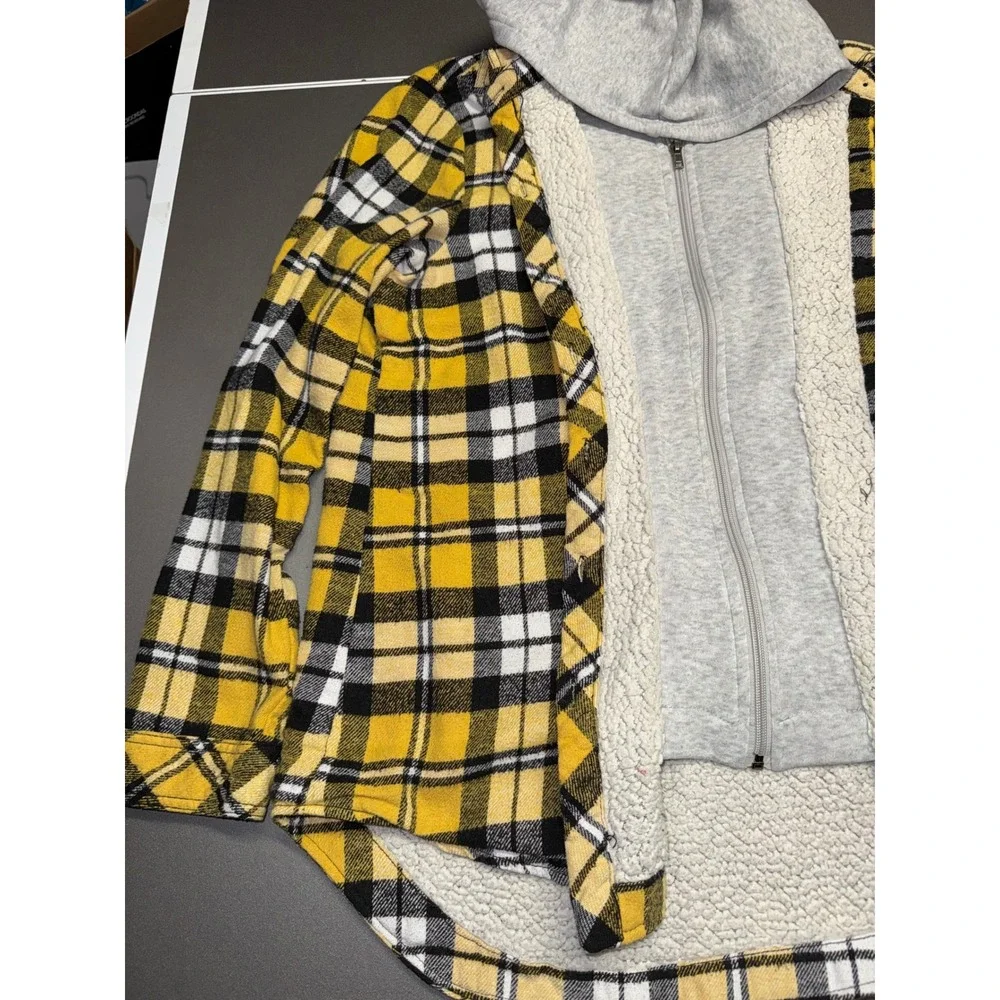 Yellow Plaid Sherpa Lined Hooded Flannel Jacket Zip Up‎ Layered Hoodie Shirt